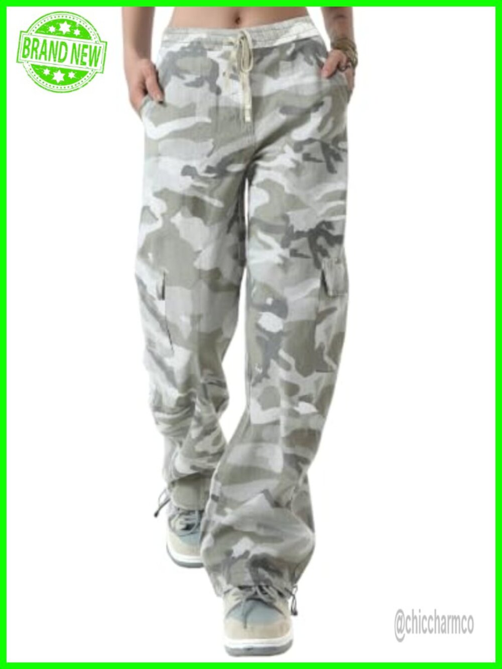Womens Camo Cargo Pants Wide Leg Drawstring Elastic Waist Cotton Trousers